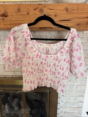 NWT LoveShackFancy White and Pink Floral Smocked Puff-Sleeve Crop Top